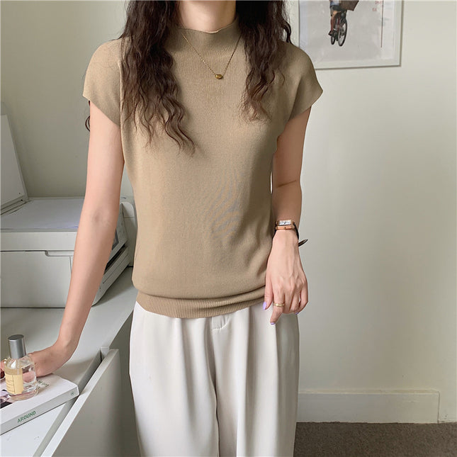 Women's Ice Silk Knit Top – Half-High Collar, Slim Fit, 9 Colors