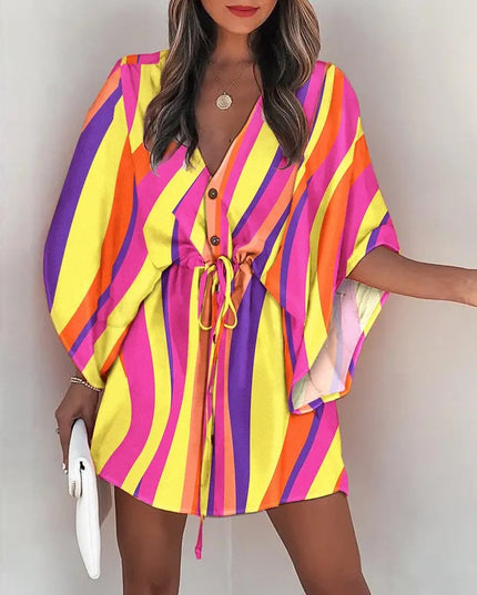 Women's Silk A-Line Printed Dress – V-Neck, Flying Sleeves, S–XXXL