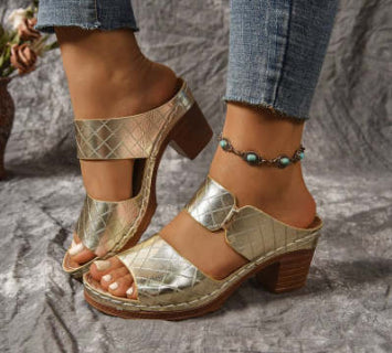 Women's Chunky Heel Plaid Slide Sandals – Open Toe Summer Heels | 6 Colors | EU 36–43