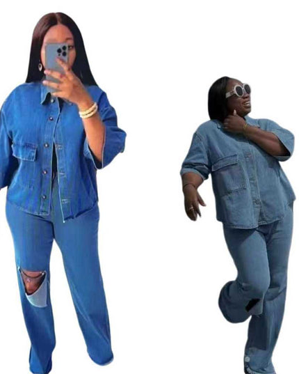 Women's Ripped Denim Shirt & Trousers Two-Piece Set