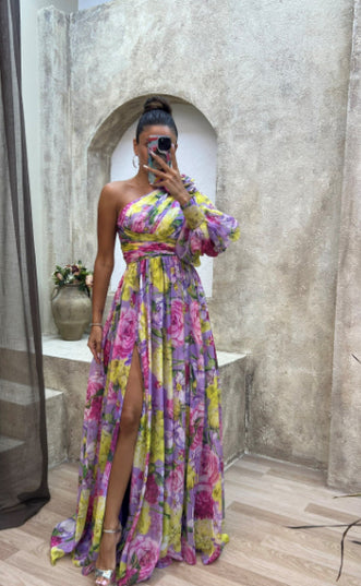 One-Shoulder Floral Print Maxi Dress – Long Sleeve Swing Gown