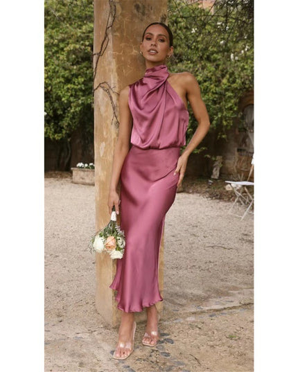 Halter Neck High Waist Maxi Dress – Sleeveless Zipper Evening Dress