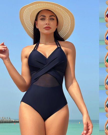 Halter-Neck Cross-Strap One-Piece Swimsuit – Mesh Detail Beach Swimwear