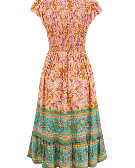 Floral Print V-Neck Ruffle Dress – Sleeveless Boho Beach Dress