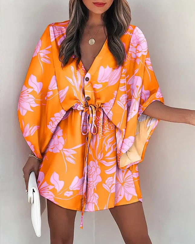 Women's Silk A-Line Printed Dress – V-Neck, Flying Sleeves, S–XXXL