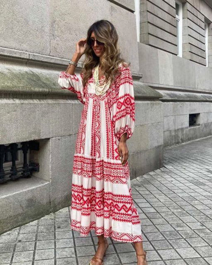 Vintage Floral Bohemian Maxi Dress | V-Neck Short Sleeve Long Dress for Women