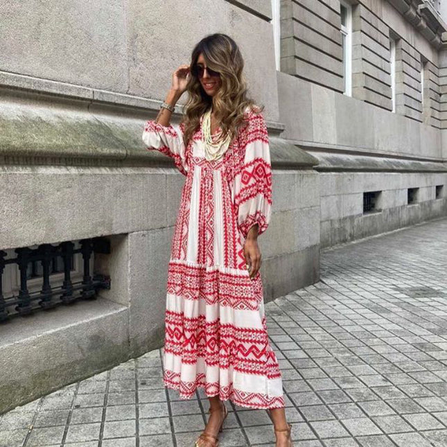 Vintage Floral Bohemian Maxi Dress | V-Neck Short Sleeve Long Dress for Women