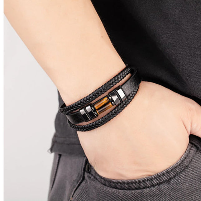 Stainless Steel Magnetic Buckle Tiger's Eye Leather Bracelet