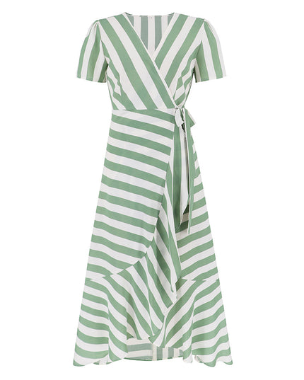 Women's Ice Silk Striped Maxi Dress – Slim Fit, Short Sleeve, 4 Colors