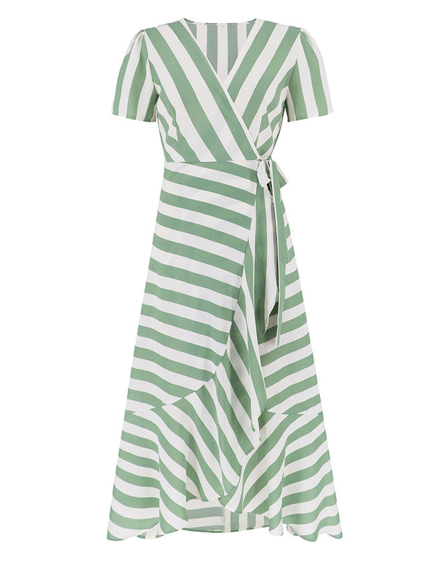 Women's Ice Silk Striped Maxi Dress – Slim Fit, Short Sleeve, 4 Colors