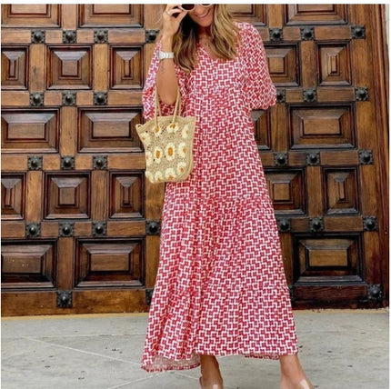 Vintage Floral Bohemian Maxi Dress | V-Neck Short Sleeve Long Dress for Women