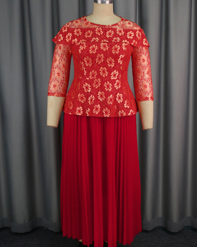 Women's Elegant Lace 3/4 Sleeve Pleated Midi Dress