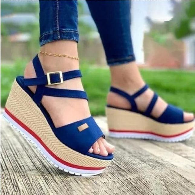 Women's Fish Mouth Wedge Sandals – Suede Upper, Red & Blue, EU 35–43