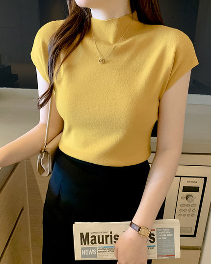 Women's Ice Silk Knit Top – Half-High Collar, Slim Fit, 9 Colors