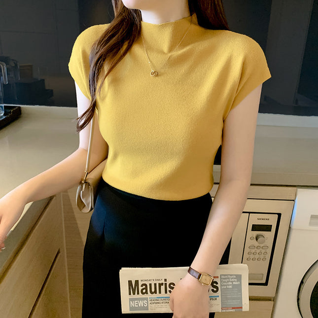 Women's Ice Silk Knit Top – Half-High Collar, Slim Fit, 9 Colors