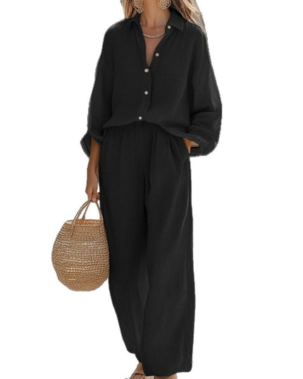Women's Casual Lapel Long-Sleeve Shirt & Trousers Two-Piece Set – 6 Colors, S–3XL