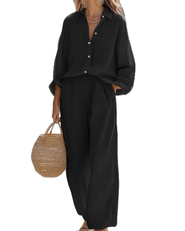 Women's Casual Lapel Long-Sleeve Shirt & Trousers Two-Piece Set – 6 Colors, S–3XL