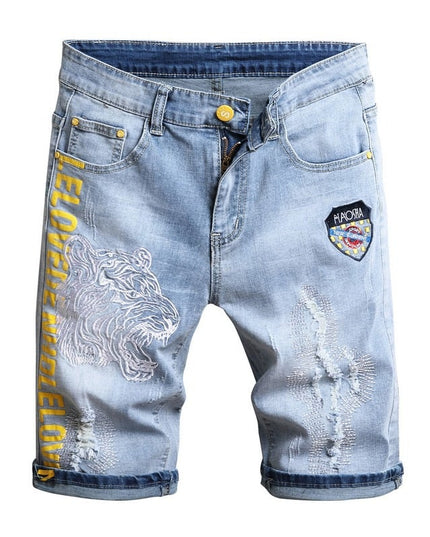 Men's Stretch Denim Five-Point Shorts – Embroidered & Printed, 4 Styles, Sizes 28–38
