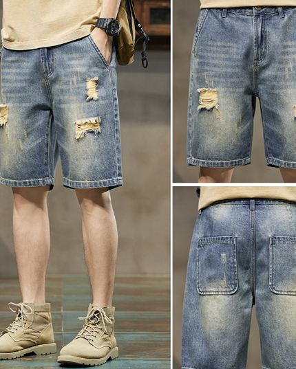 Men's Stretch Denim Five-Point Shorts – Cotton Blend, 6 Blue Shades, W28–38