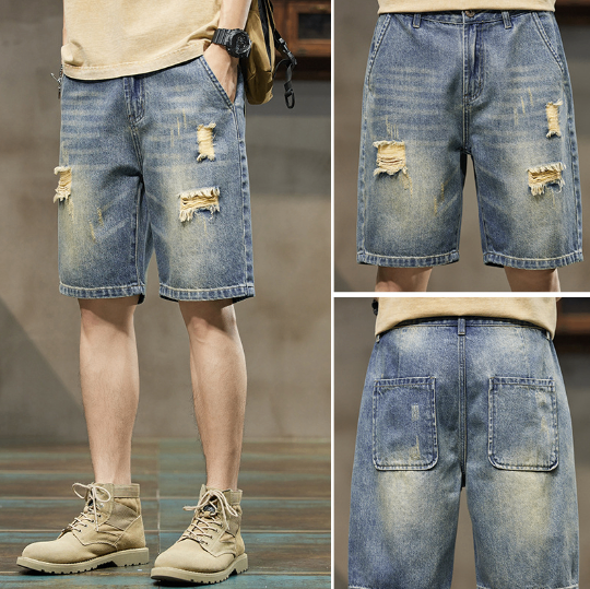 Men's Stretch Denim Five-Point Shorts – Cotton Blend, 6 Blue Shades, W28–38