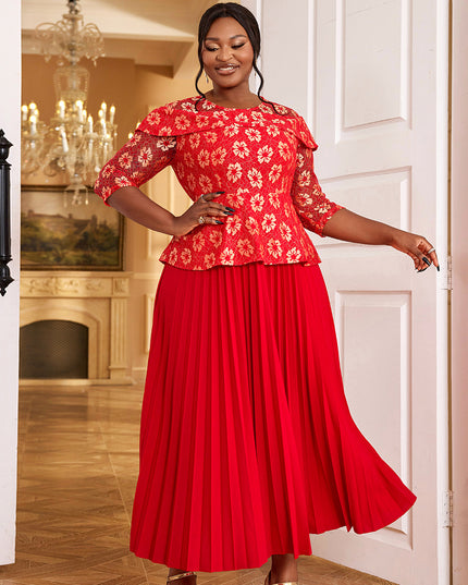 Women's Elegant Lace 3/4 Sleeve Pleated Midi Dress