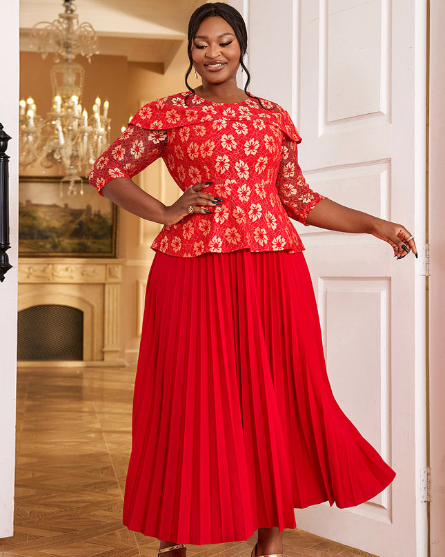 Women's Elegant Lace 3/4 Sleeve Pleated Midi Dress