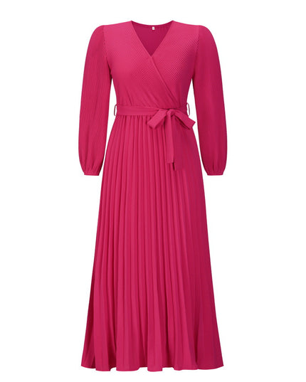 Women's V-Neck Long Sleeve Pleated A-Line Dress – Ice Silk, 5 Colors, S–XXL