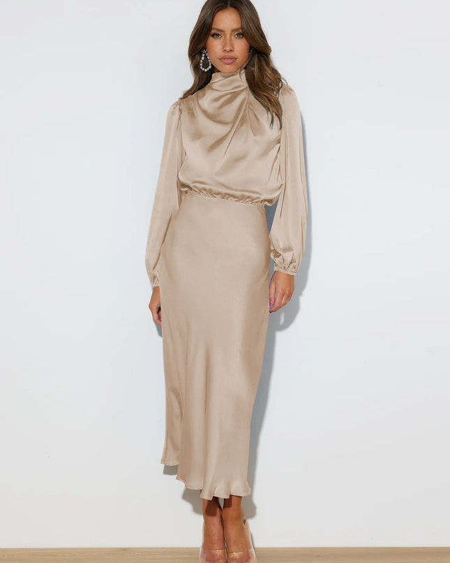 Satin Halter Neck Midi Dress – Lantern Sleeve Formal Evening Dress