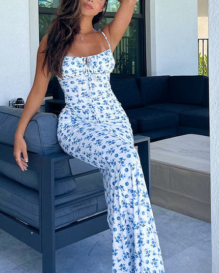 Floral Print Backless Fishtail Maxi Dress