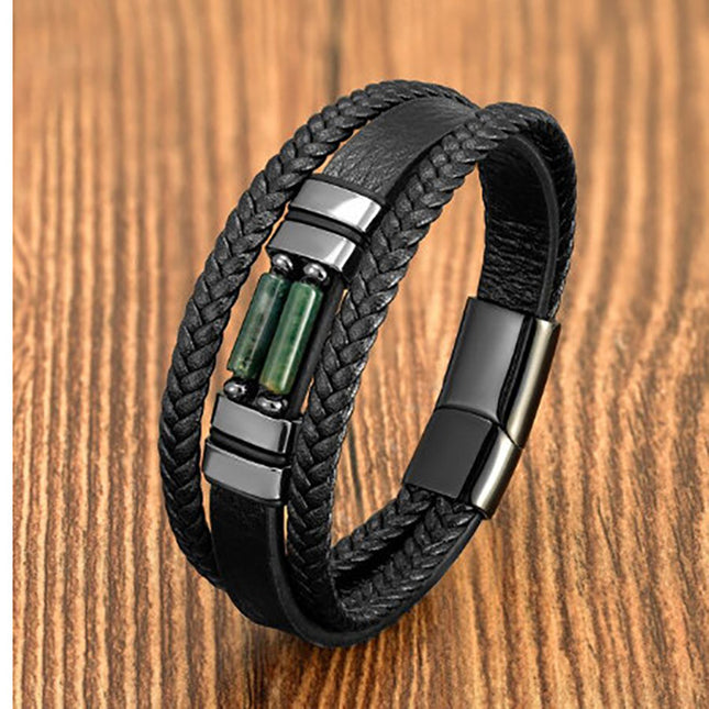 Stainless Steel Magnetic Buckle Tiger's Eye Leather Bracelet