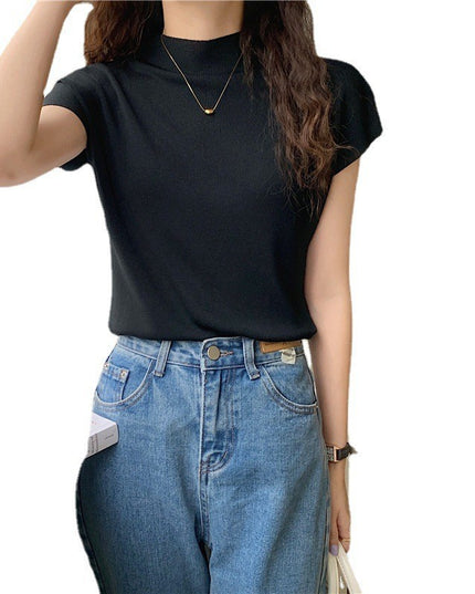 Women's Ice Silk Knit Top – Half-High Collar, Slim Fit, 9 Colors