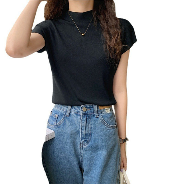 Women's Ice Silk Knit Top – Half-High Collar, Slim Fit, 9 Colors
