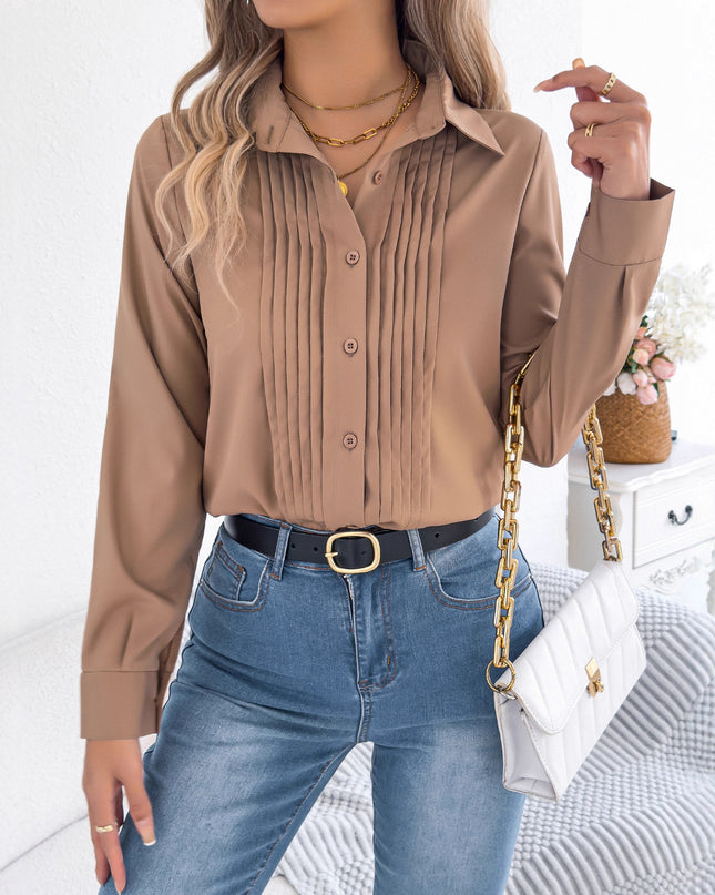 Women's Pleated Button-Up Long Sleeve Business Shirt – 4-Way Stretch, 3 Colors, S–XL