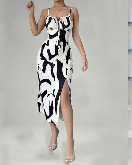 Printed Lace-Up Split Midi Dress