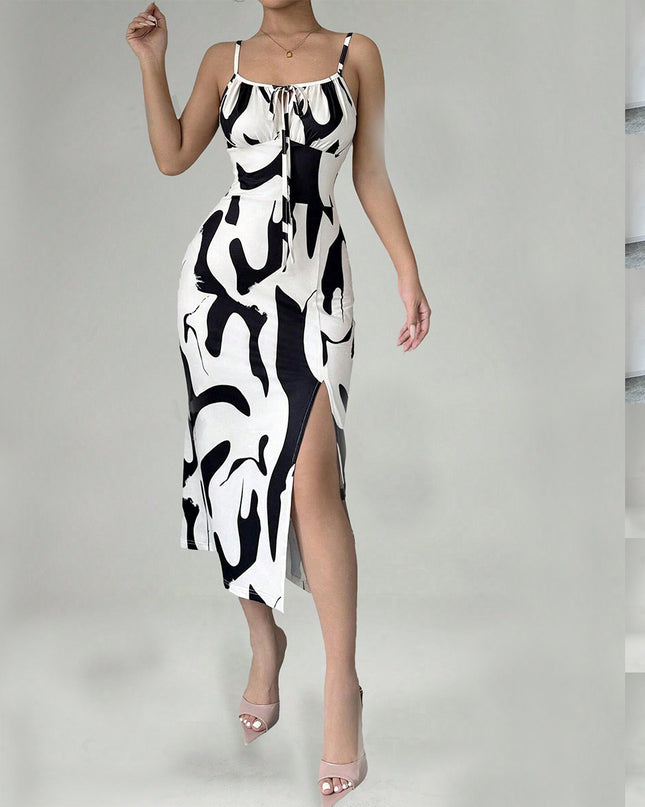 Printed Lace-Up Split Midi Dress