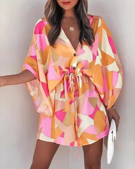 Women's Silk A-Line Printed Dress – V-Neck, Flying Sleeves, S–XXXL