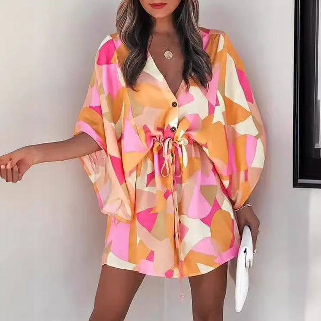 Women's Silk A-Line Printed Dress – V-Neck, Flying Sleeves, S–XXXL