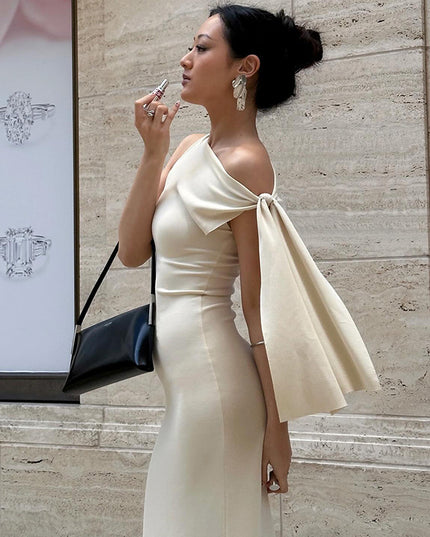 One-Shoulder Ribbon Bodycon Maxi Dress | Sleeveless Evening Party Dress for Women