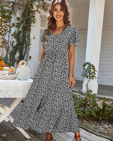 Women's Cotton V-Neck Drawstring Midi Dress – High Waist, Swing Skirt, 4 Colors