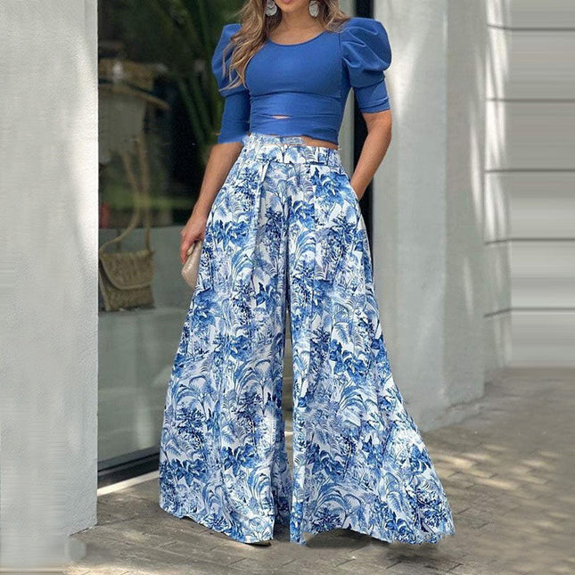 Women's Wide-Leg Pants & Coat Two-Piece Fashion Set – Blue, S–5XL