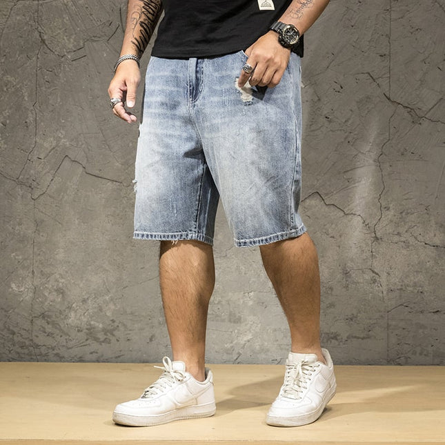 Men's Stretch Denim Five-Point Shorts – Cotton Blend, 6 Blue Shades, W28–38