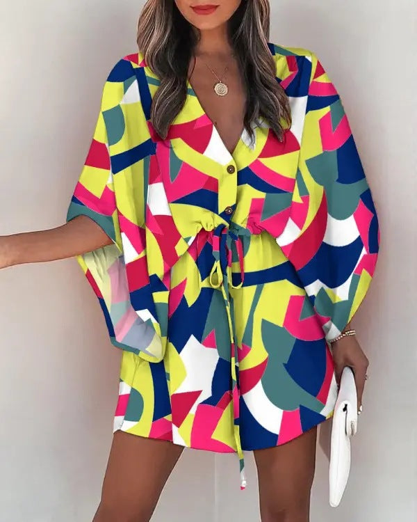 Women's Silk A-Line Printed Dress – V-Neck, Flying Sleeves, S–XXXL