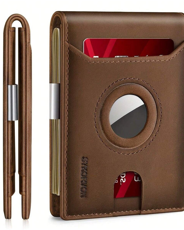 Men's Genuine Leather Slim Bifold Wallet with AirTag Holder & RFID Blocking