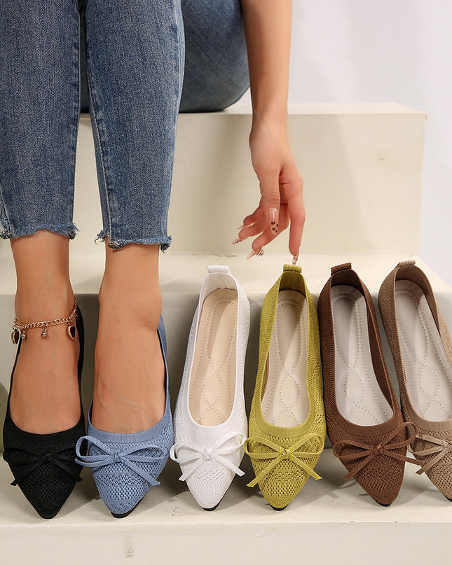 Women's Bow Knitted Flat Loafers – Pointed Toe | Slip-On Flats | 6 Colors