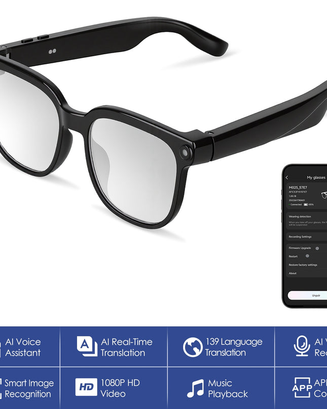 AI Smart Glasses – 1080P Camera, Voice Assistant, 139-Language Translation & Open-Ear Audio