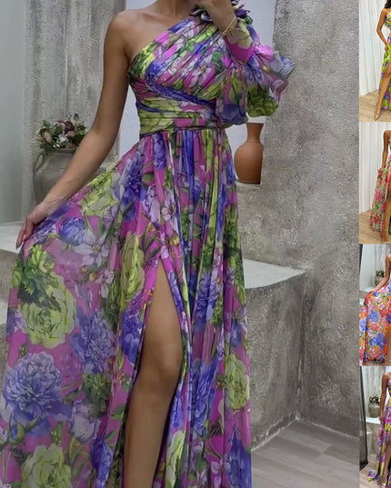 One-Shoulder Floral Print Maxi Dress – Long Sleeve Swing Gown