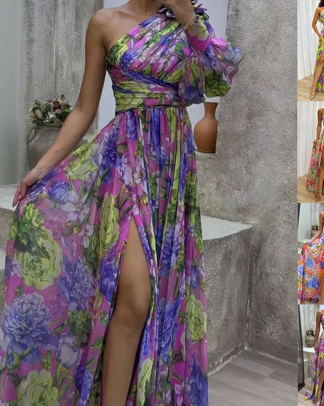 One-Shoulder Floral Print Maxi Dress – Long Sleeve Swing Gown