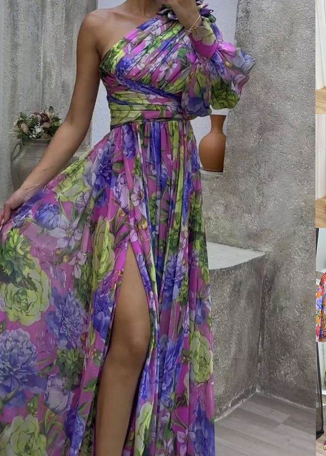 One-Shoulder Floral Print Maxi Dress – Long Sleeve Swing Gown
