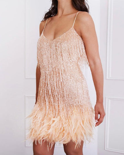 Sequin Feather Tassel Mini Dress | Spaghetti Strap V-Neck Party Dress for Women