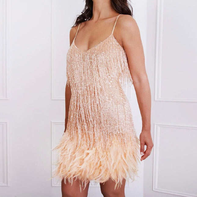 Sequin Feather Tassel Mini Dress | Spaghetti Strap V-Neck Party Dress for Women